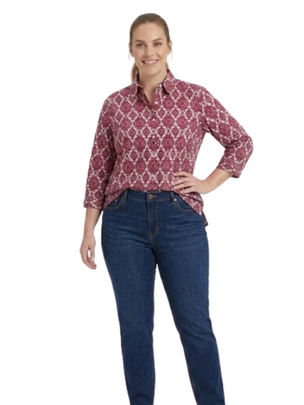 Lands' End Women's Blouse Medallion Paisley Burgundy 3/4 Sleeves Collar, size 18